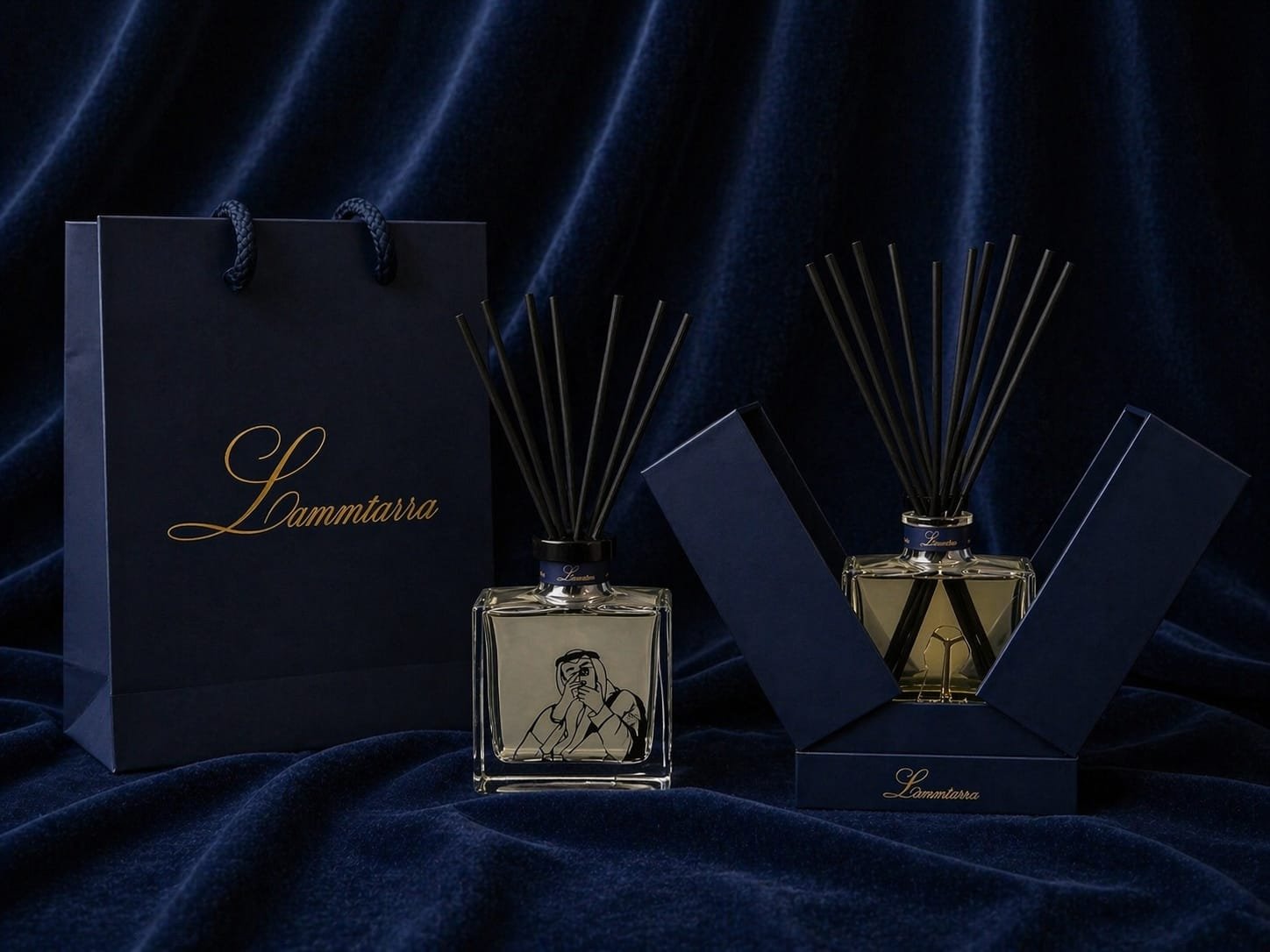 Both Lammtarra reed diffusers beside the navy Lammtarra gift bag on navy velvet