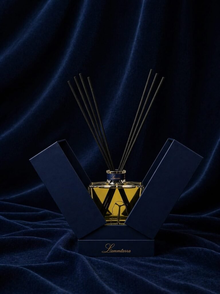 Lammtarra reed diffuser with amber fragrance and black reeds in the open navy gift box on navy velvet