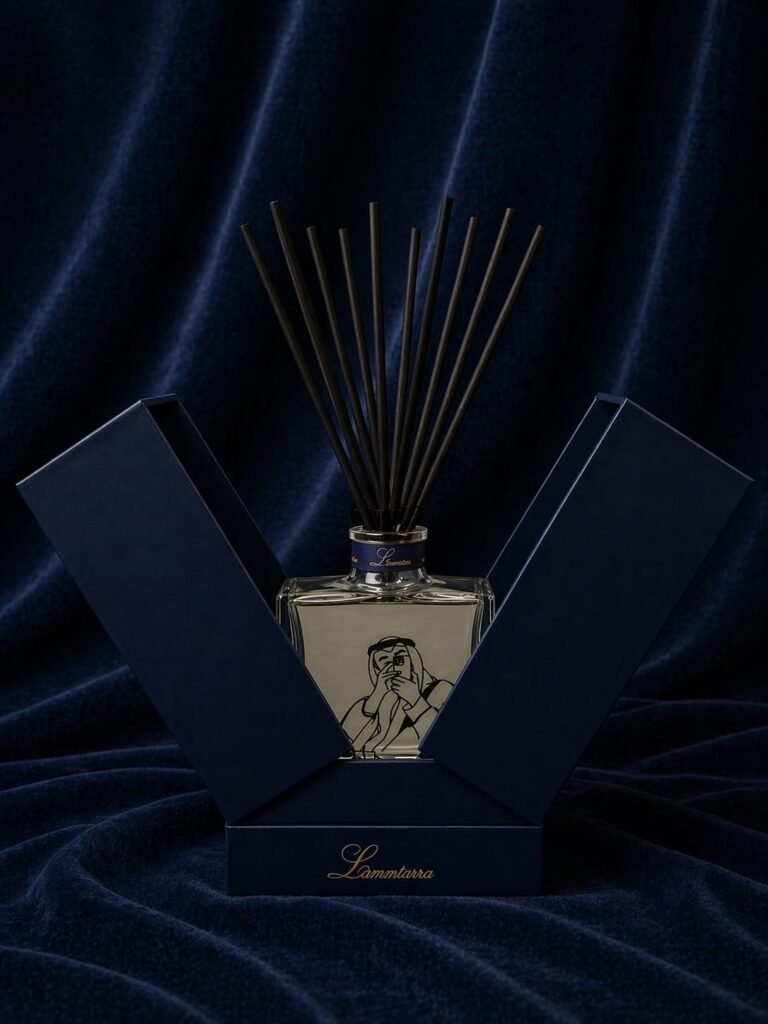 Lammtarra reed diffuser with clear fragrance and black reeds in the open navy gift box on navy velvet