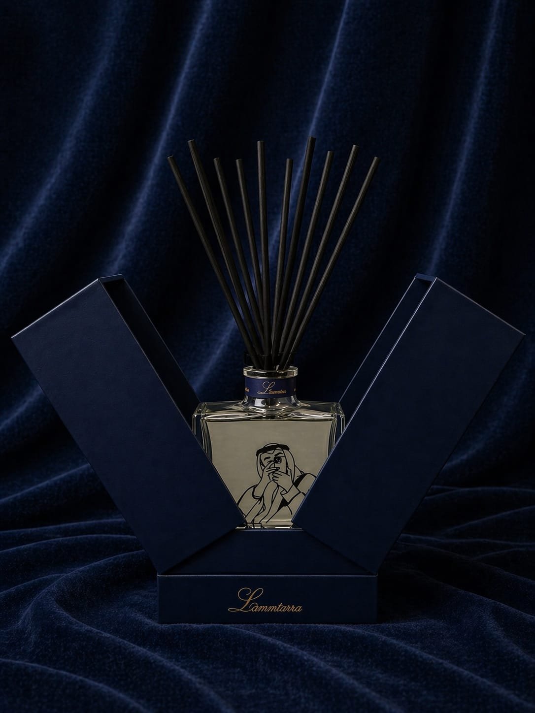 Lammtarra reed diffuser with clear fragrance and black reeds in the open navy gift box on navy velvet