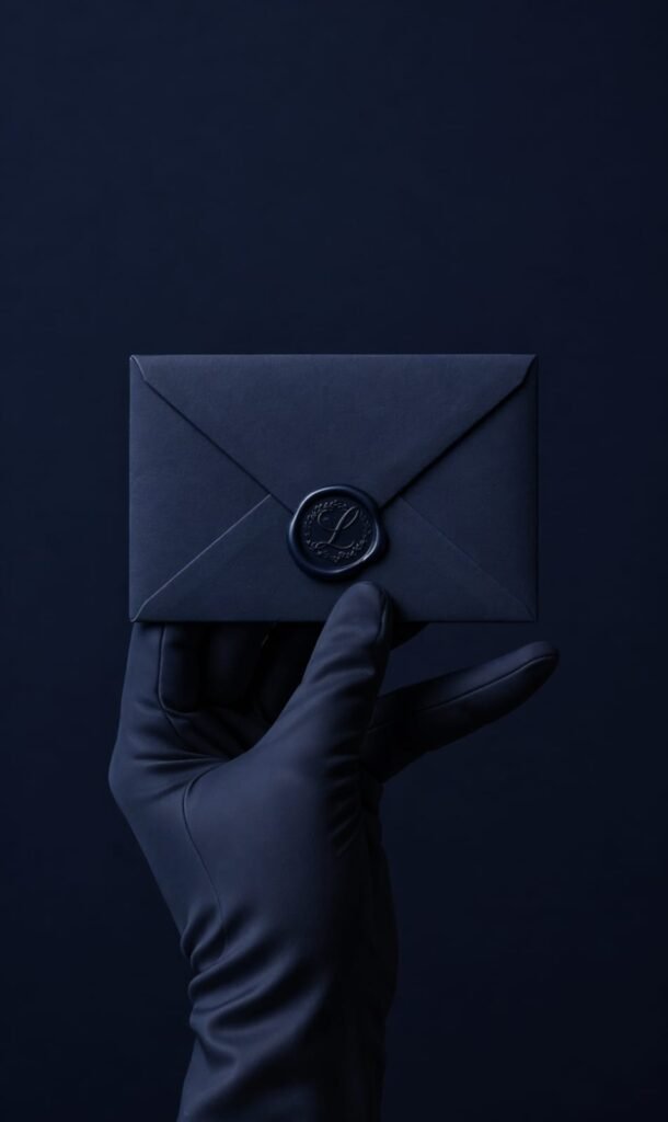 Gloved hand holding a navy envelope closed with an L wax seal